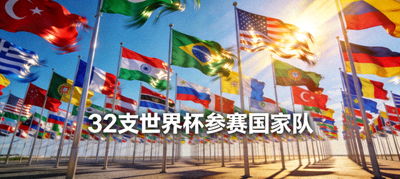 32支世界杯参赛国家队旗帜飘扬的壮观场面